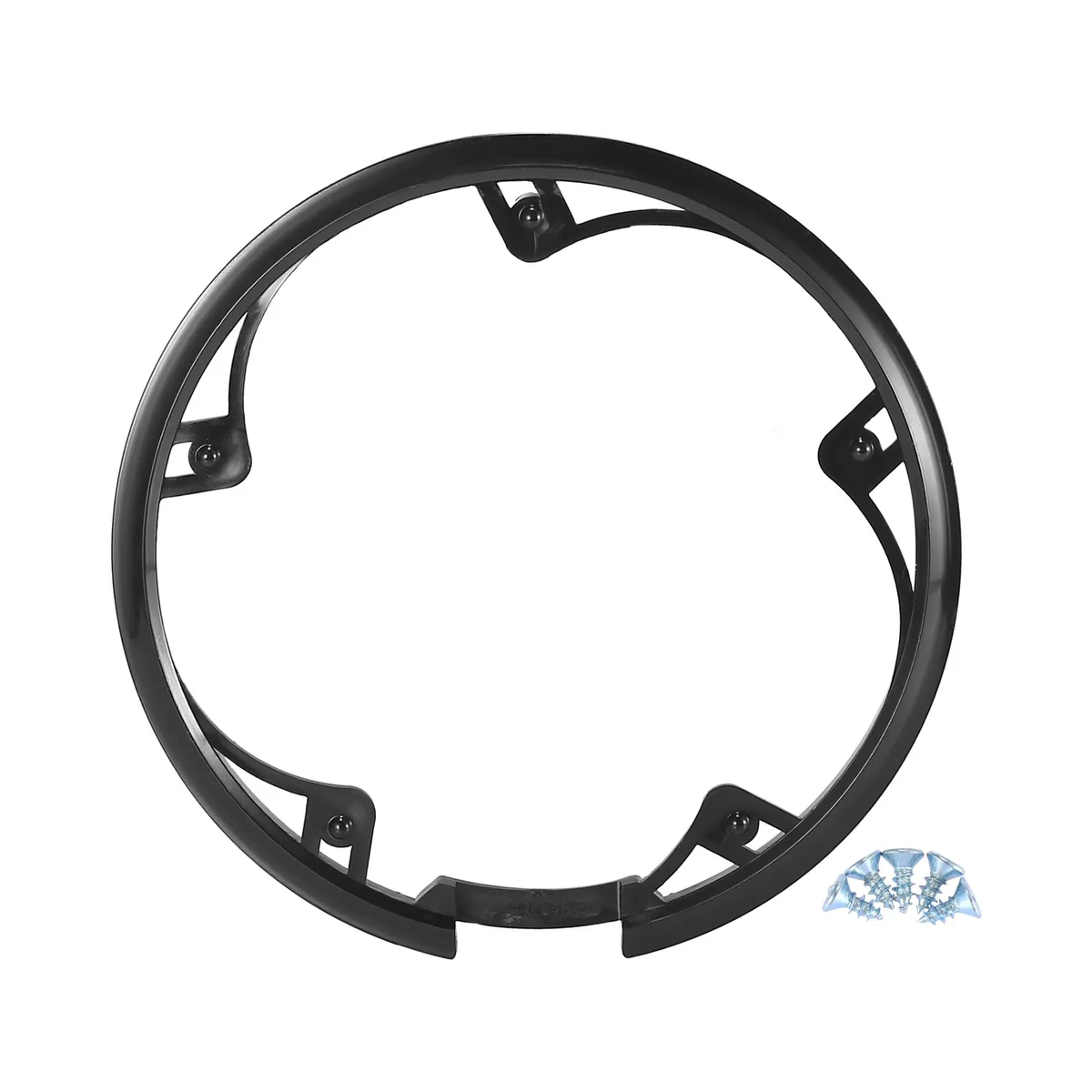 Black plastic 48-tooth chainring guard with five mounting holes, 10 cm pitch, includes screws