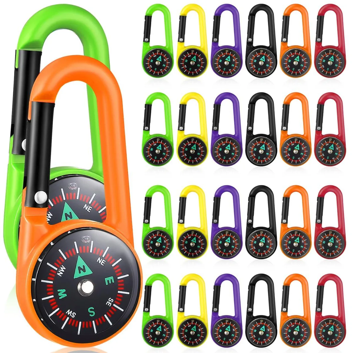 Twenty-four small grey metal carabiners with built-in compasses on a surface