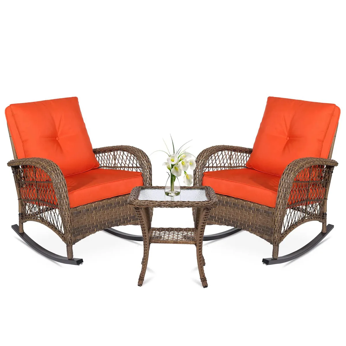 MEETWARM MEETWARM 3-Piece Wicker Rocking Chair Set Orange — product photo