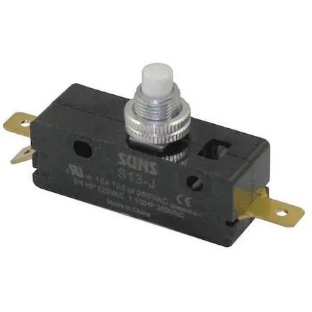 Small rectangular white panel-mount switch with plunger actuator and quick-connect terminals