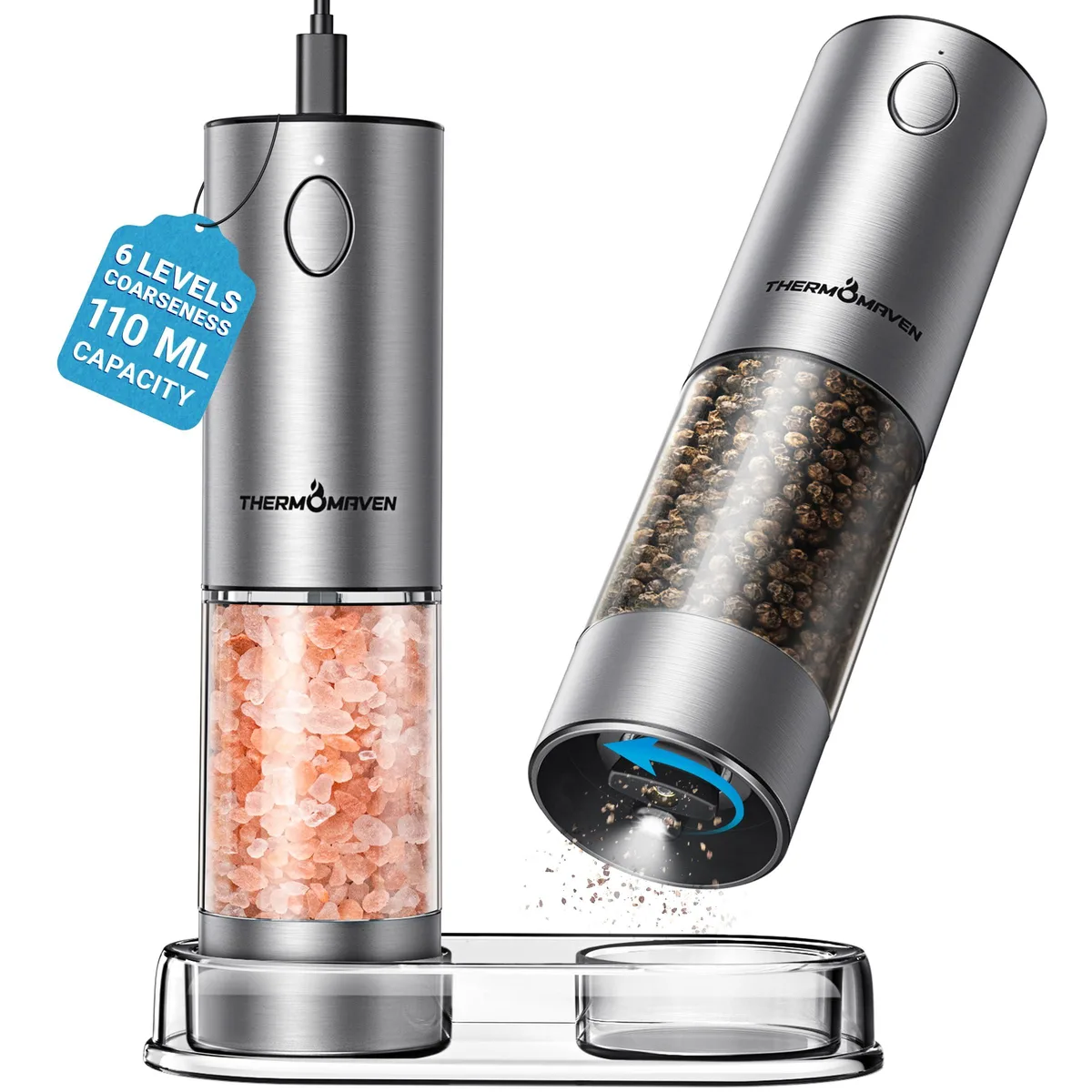 Pair of silver stainless steel electric grinders, 2.05 by 7.72 inches, 110 ml capacity