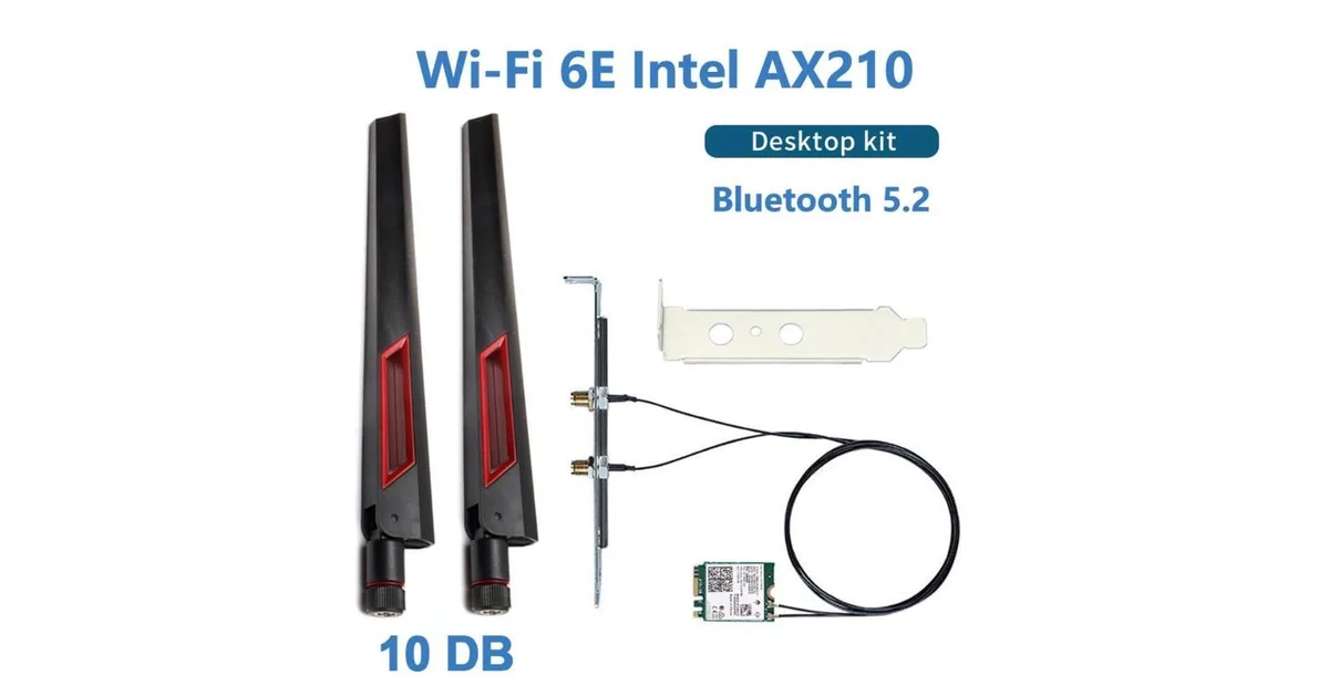 Aomoproing Aomoproing 10DB Antenna Wi-Fi 6E Intel AX210 Bluetooth 5.2 M.2 2230 Key E Desktop Kit Wireless Adapter — product photo
