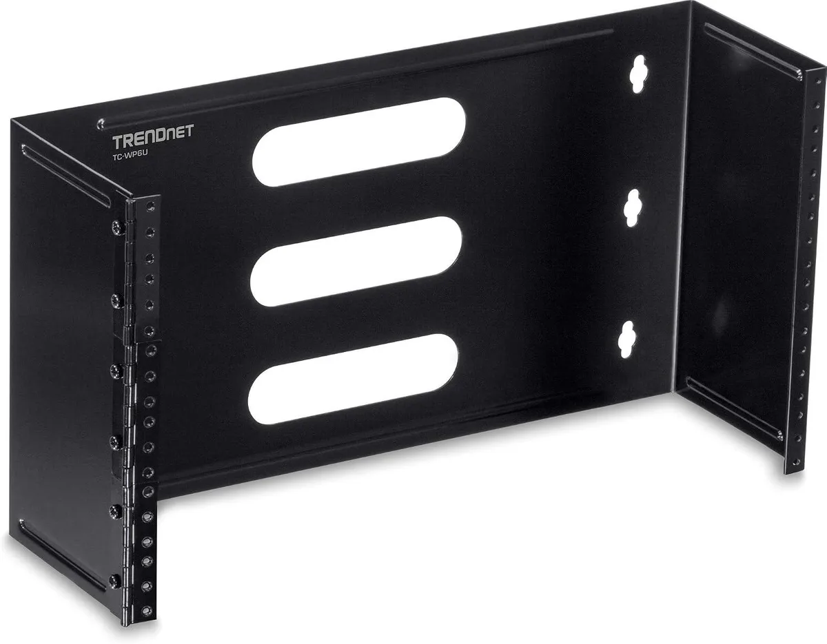 Steel 6U 19-inch hinged wall bracket, open frame, matte black finish