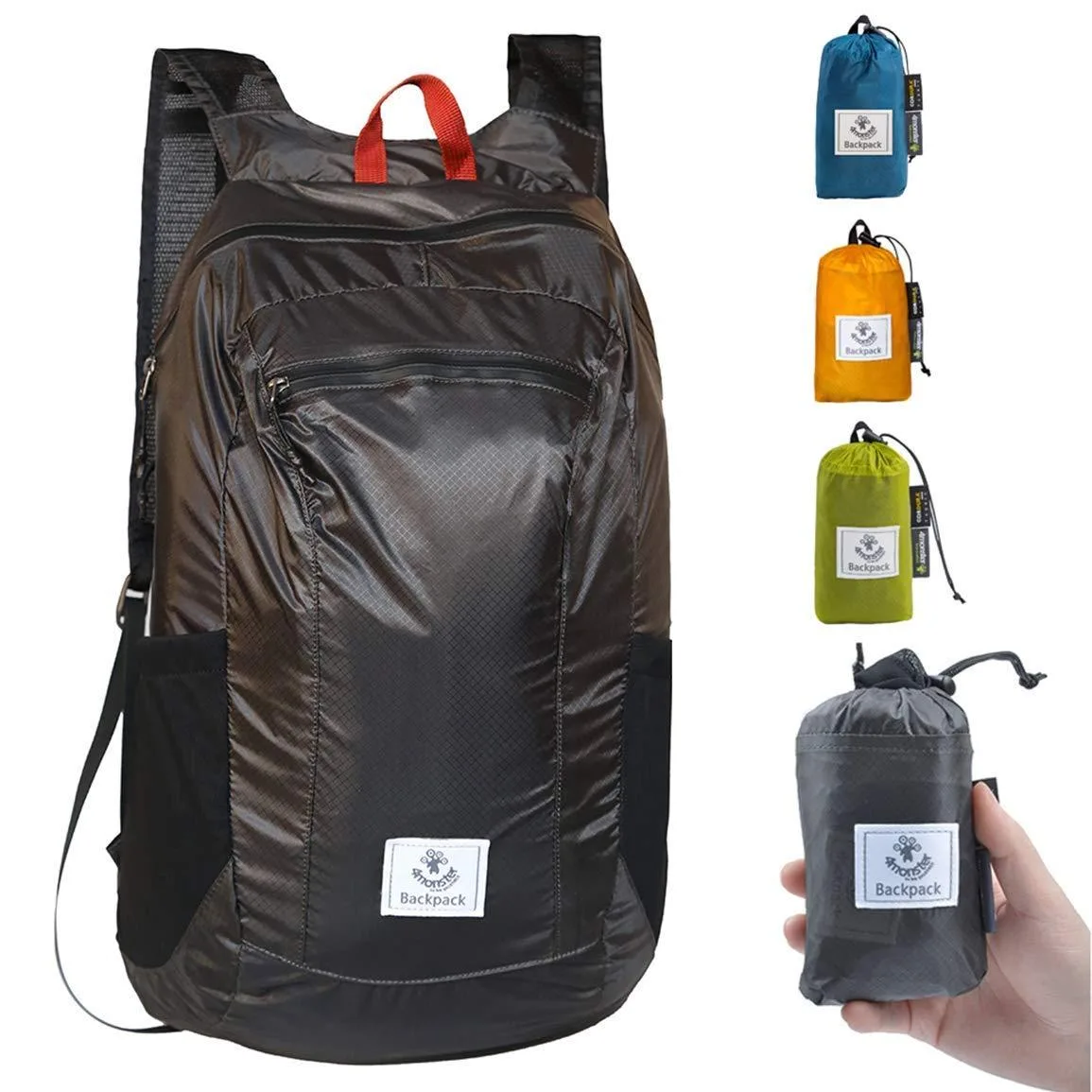 Grey nylon packable daypack, folds into pocket-sized pouch