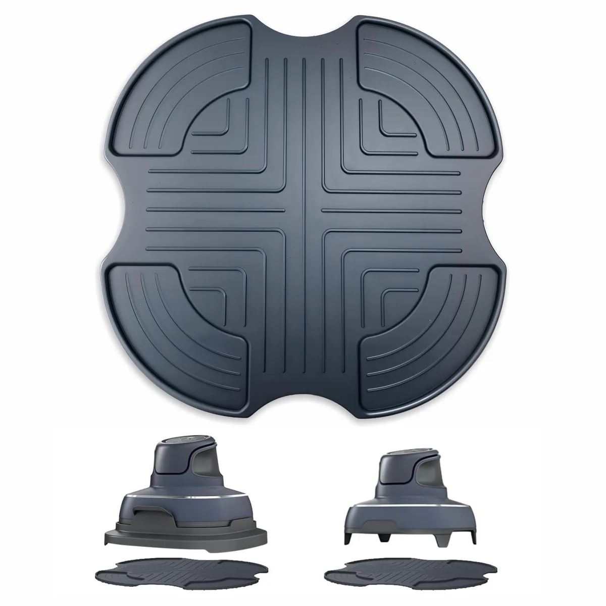 Square grey silicone mat with raised ventilation grooves and corner drip channels