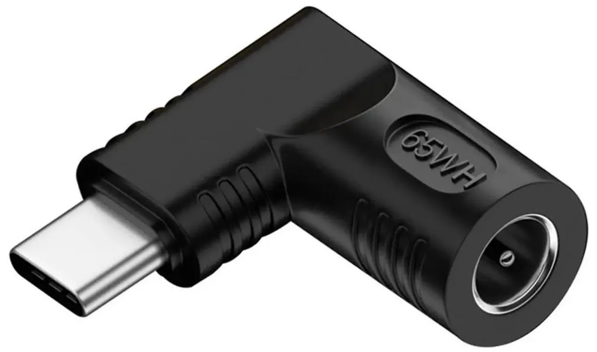 Small black right-angled adapter with 5.5×1.7mm DC jack input and USB-C output