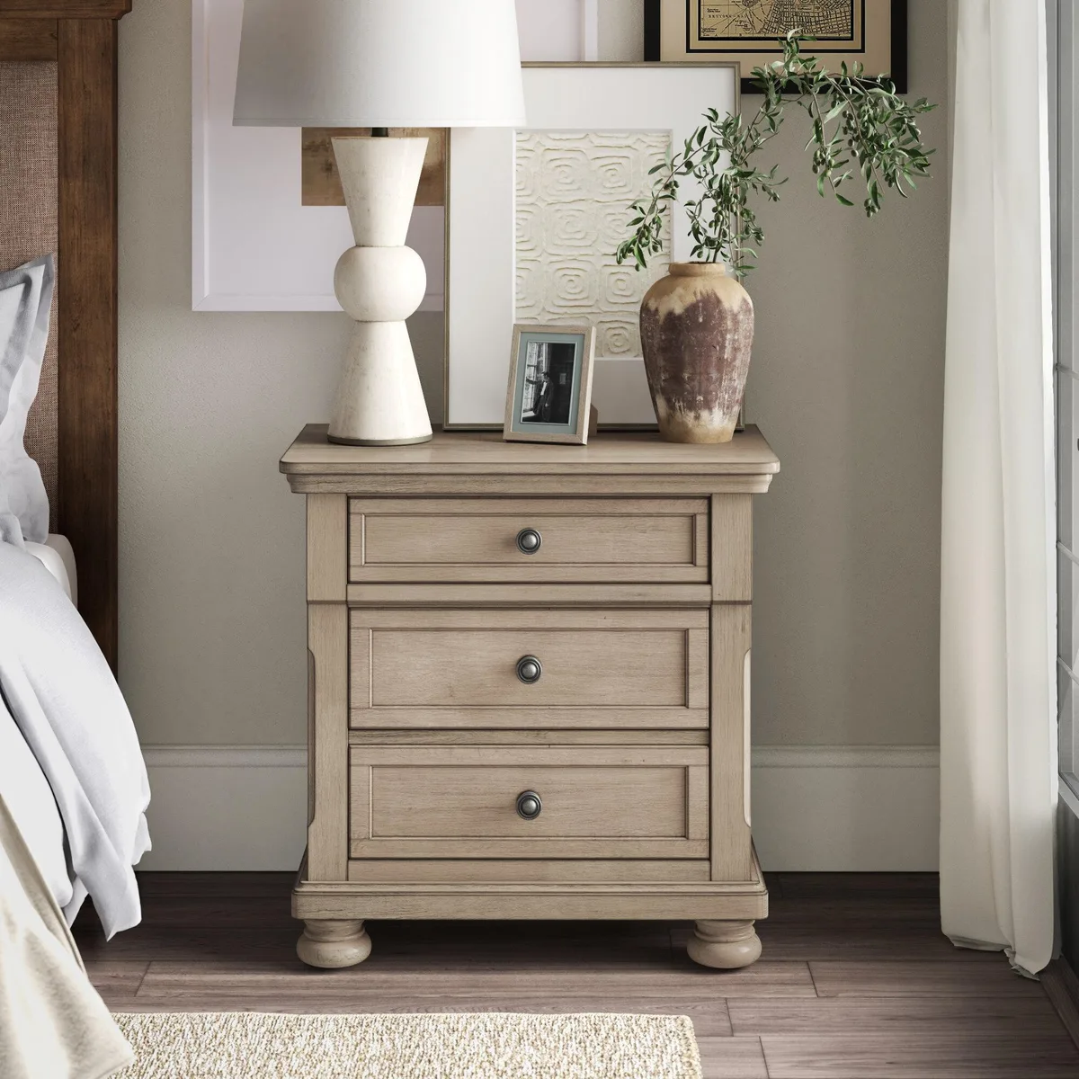 tuphen tuphen Transitional Nightstand Wire Brushed Gray Birch Veneer 28.25" 17.75" 29.5"H — product photo