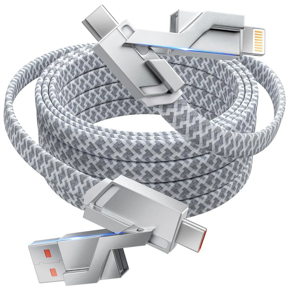 Gray and white braided cable with USB-A, USB-C and Lightning connectors