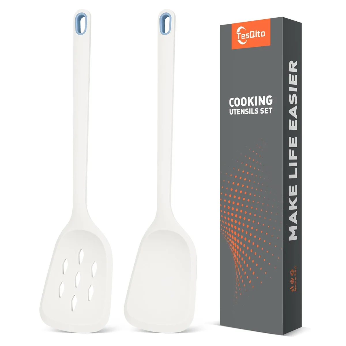 Two white silicone spatulas with bamboo handles, one solid and one slotted, 13.5 inches long