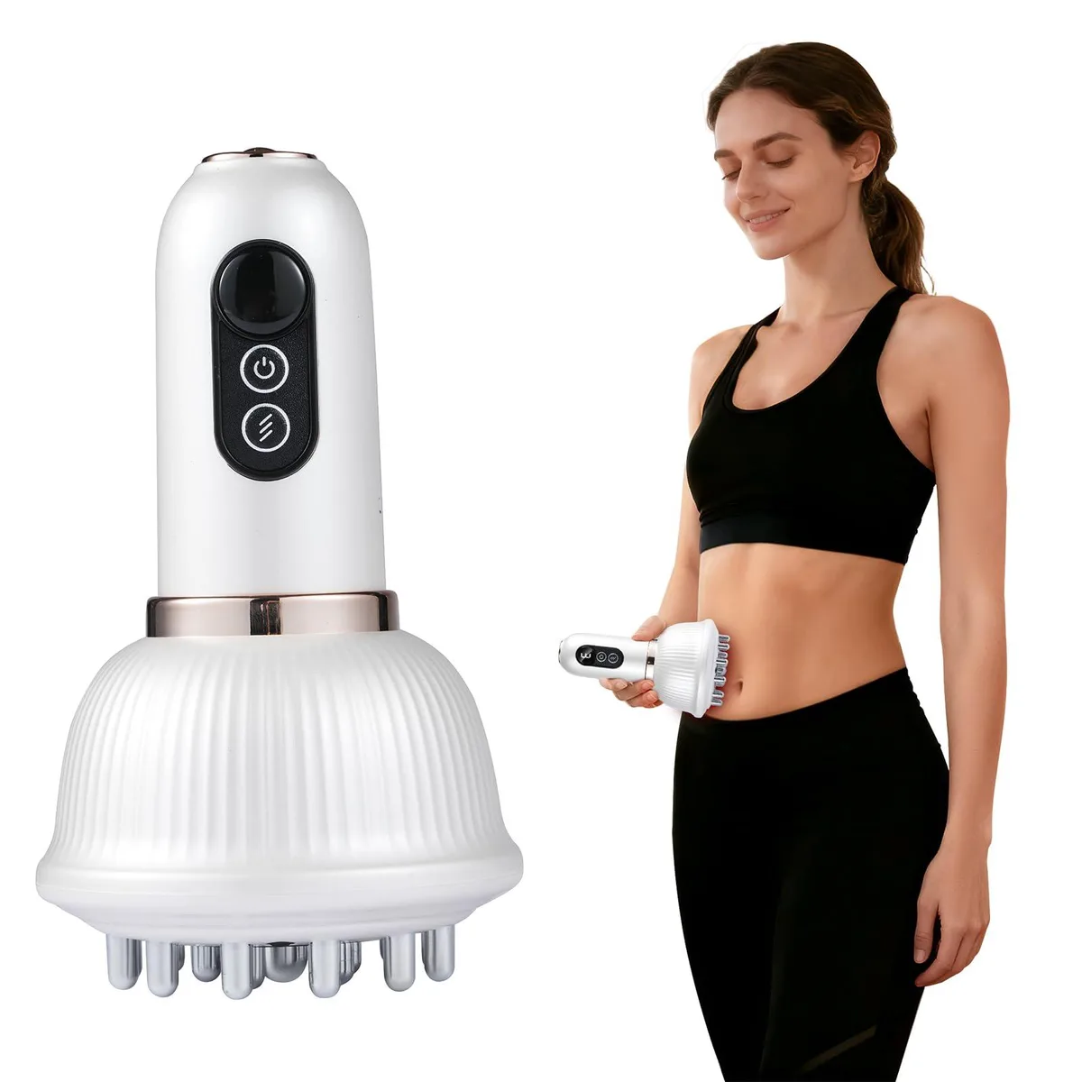 White and blue handheld massager with rounded heads, cordless design