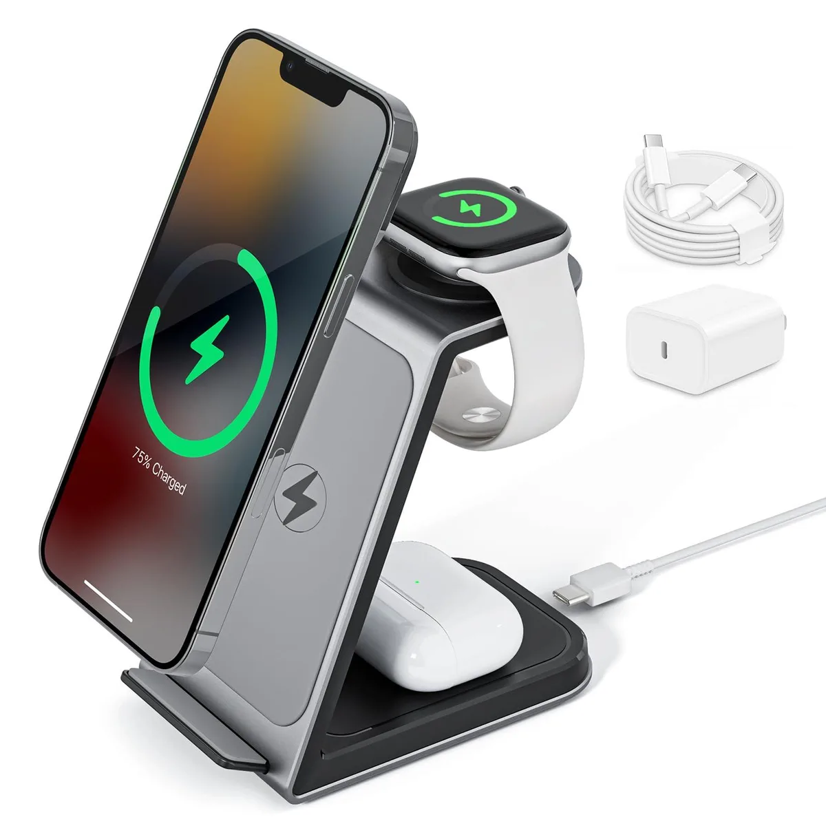  NEZART IF-T6-G 3-in-1 Magnetic Wireless Charger Station 15W Purple 20W Adapter — product photo