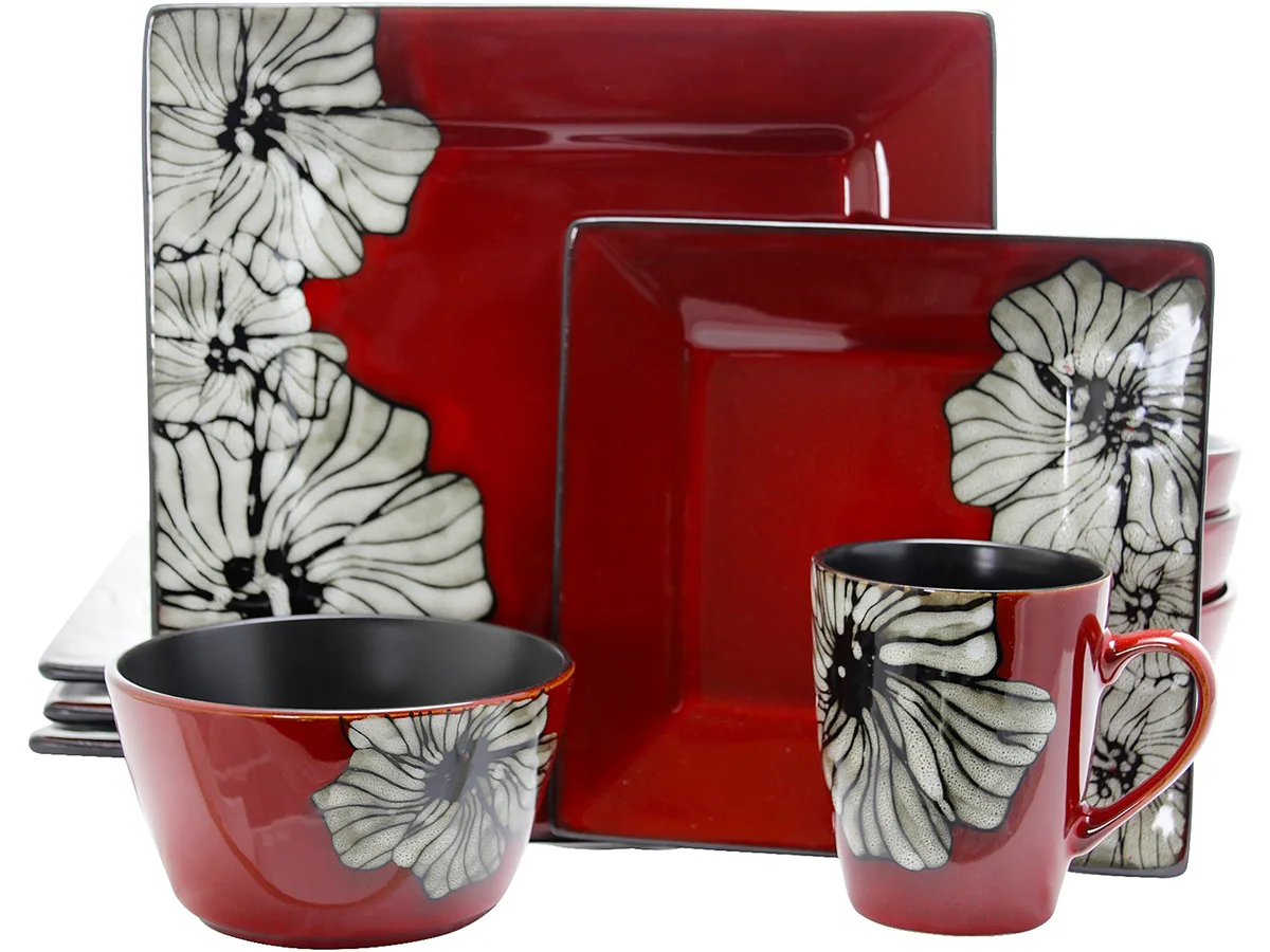 Elama Elama EL-WINTERBLOOM 16 Piece Square Stoneware Dinnerware Set Red — product photo