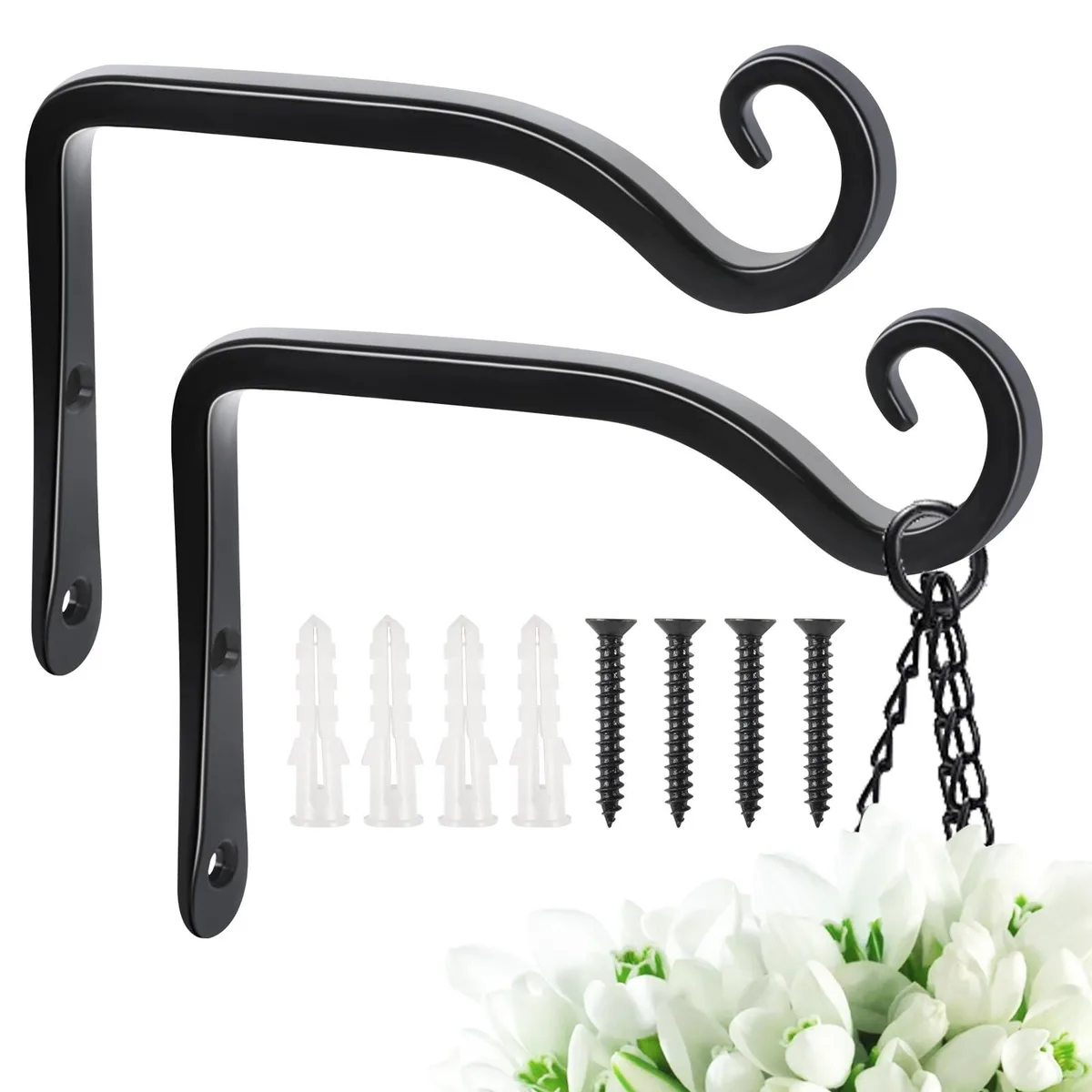 Two black powder-coated iron hooks, 6 inch projection, sold as a pair