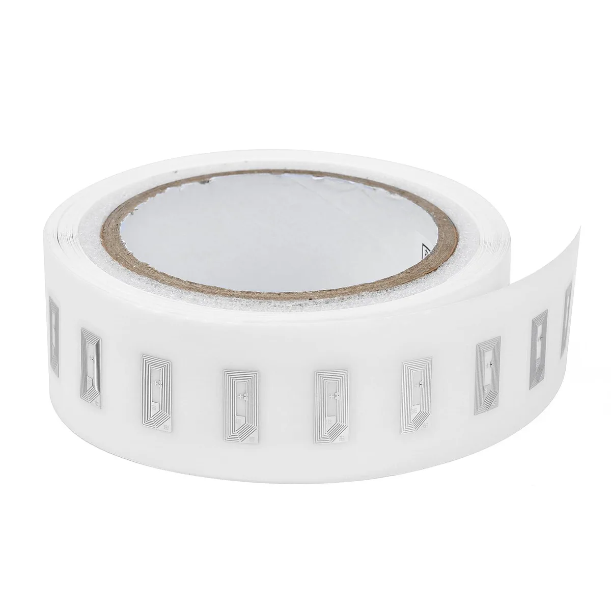 Fifty small rectangular NFC stickers, each 10 by 20 millimetres, glossy white finish, thin adhesive backing, stacked together