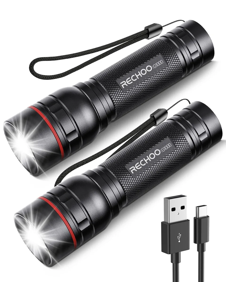 Two compact aluminium flashlights with adjustable heads, Type‑C ports and matte finish