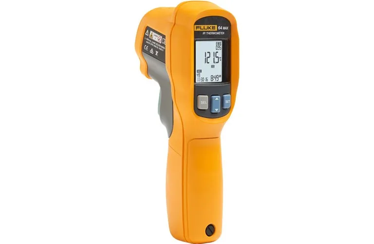 Yellow Fluke 64 MAX infrared thermometer with dual laser pointers and backlit LCD display