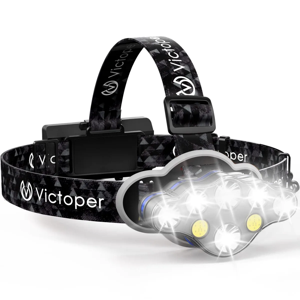Black cylindrical headlamp with rectangular light housing, adjustable strap, USB rechargeable