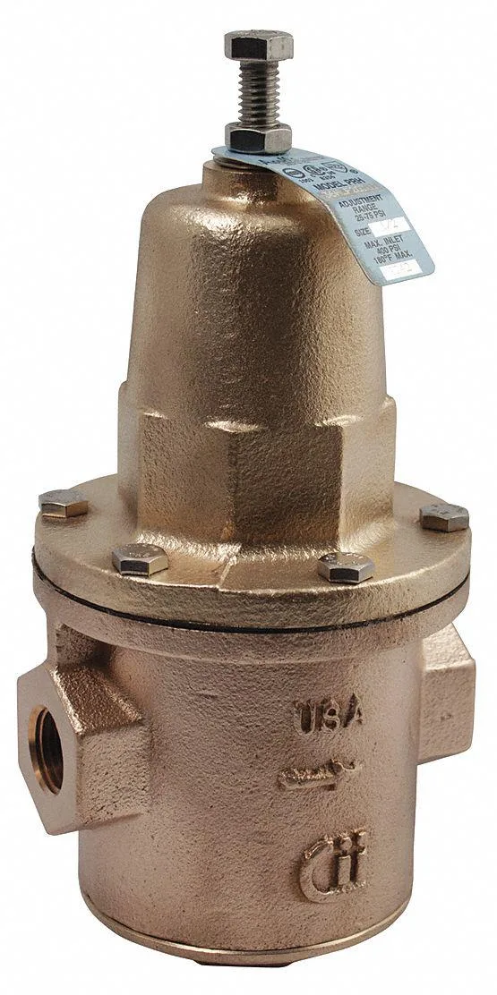 Bronze water pressure reducing valve with NPT threaded connections, 2-1/2 inch size, adjustable knob on top