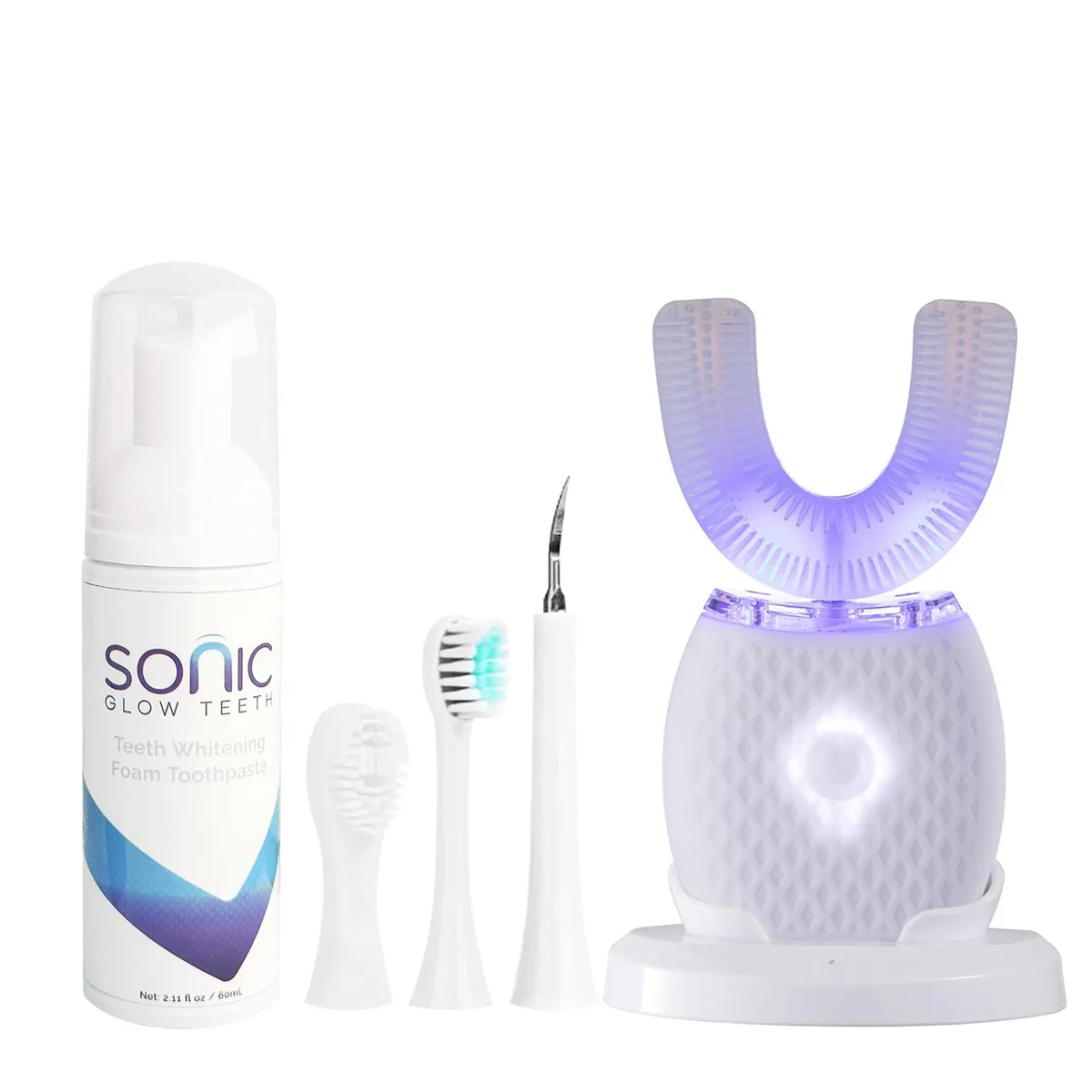 White U-shaped electric toothbrush with wireless charging base