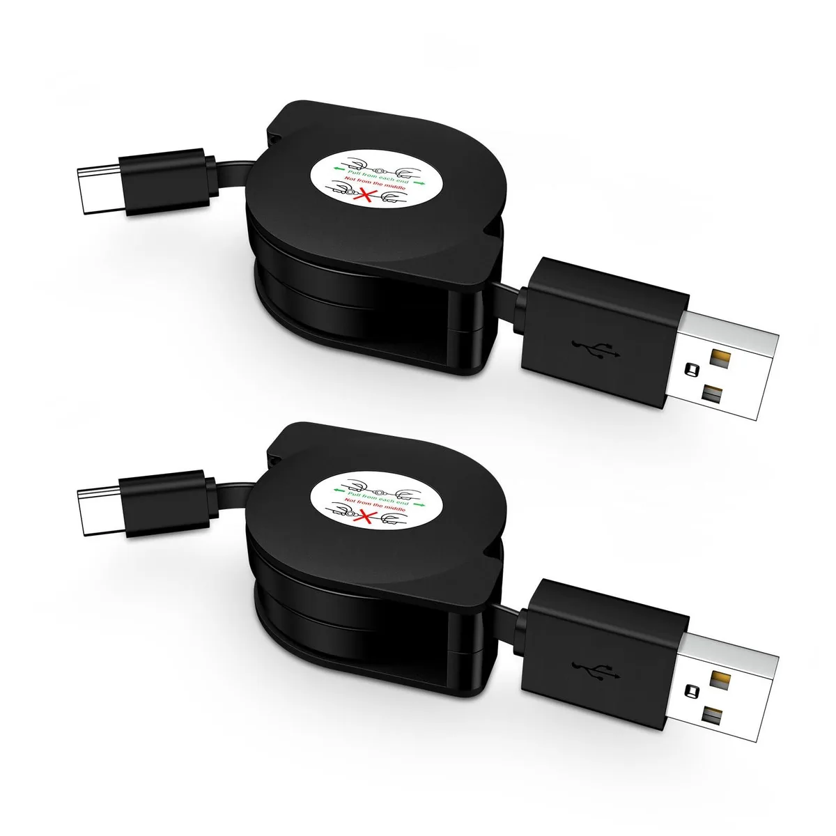Two blue retractable USB-A to USB-C cables coiled compactly