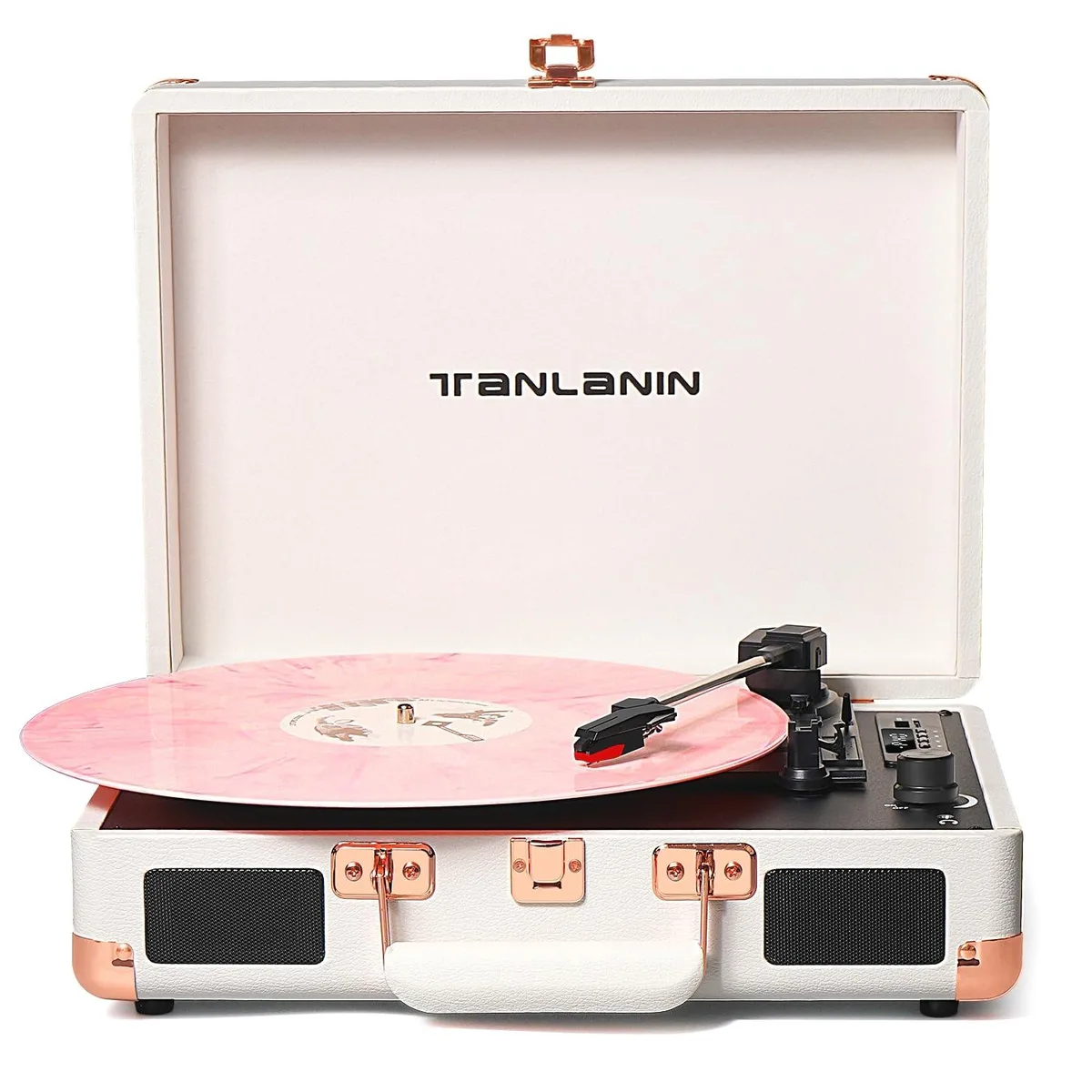 White rose-gold suitcase turntable with handle, closed lid, 13.5 by 10.5 by 5.0 inches