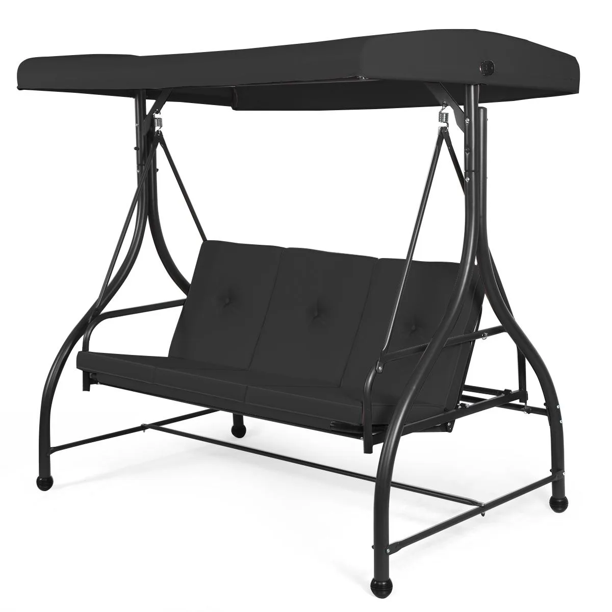 Black steel-frame three-seat swing with removable cushions, adjustable backrest and canopy