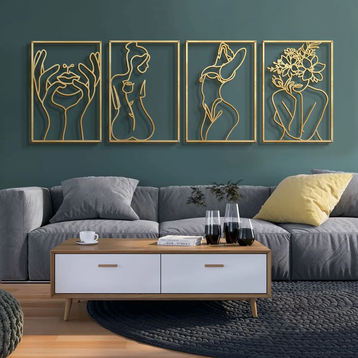 Four gold metal wall art panels, minimalist line art, 17 by 11.8 inches each