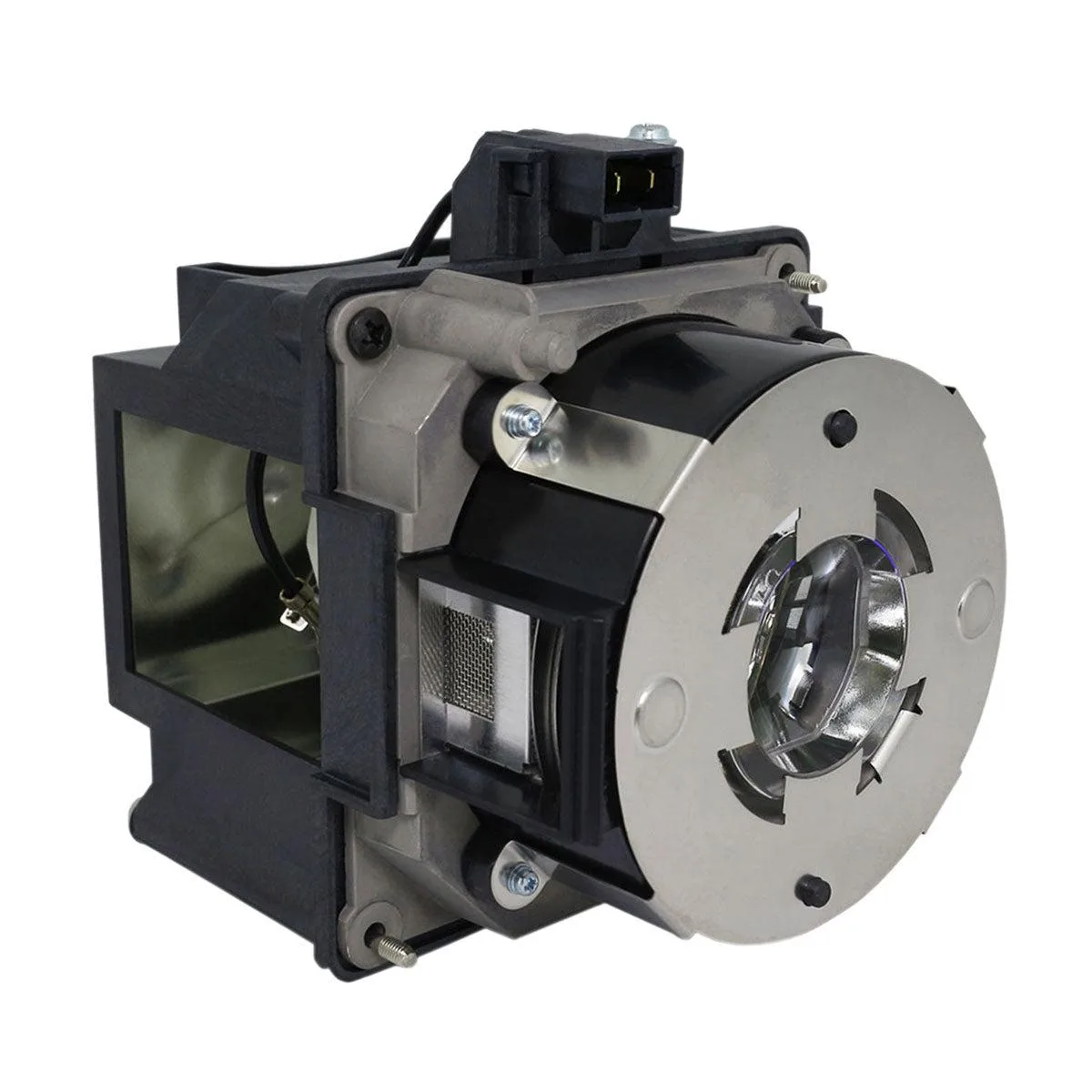 Rectangular projector lamp module in black plastic housing with exposed bulb and connector