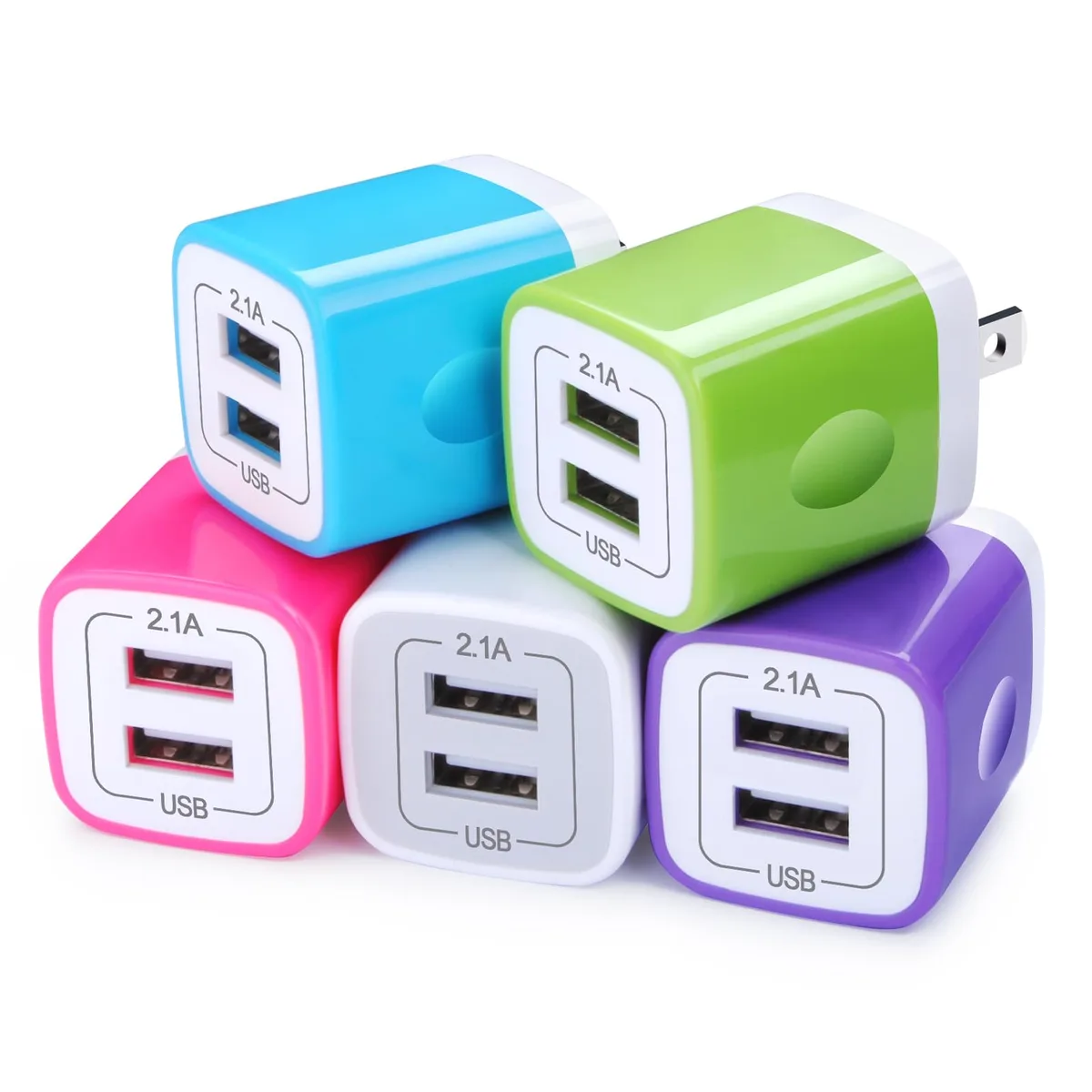  FiveBox PT-WC-13 5-pack USB wall charger 2.1A dual port white blue green purple pink — product photo