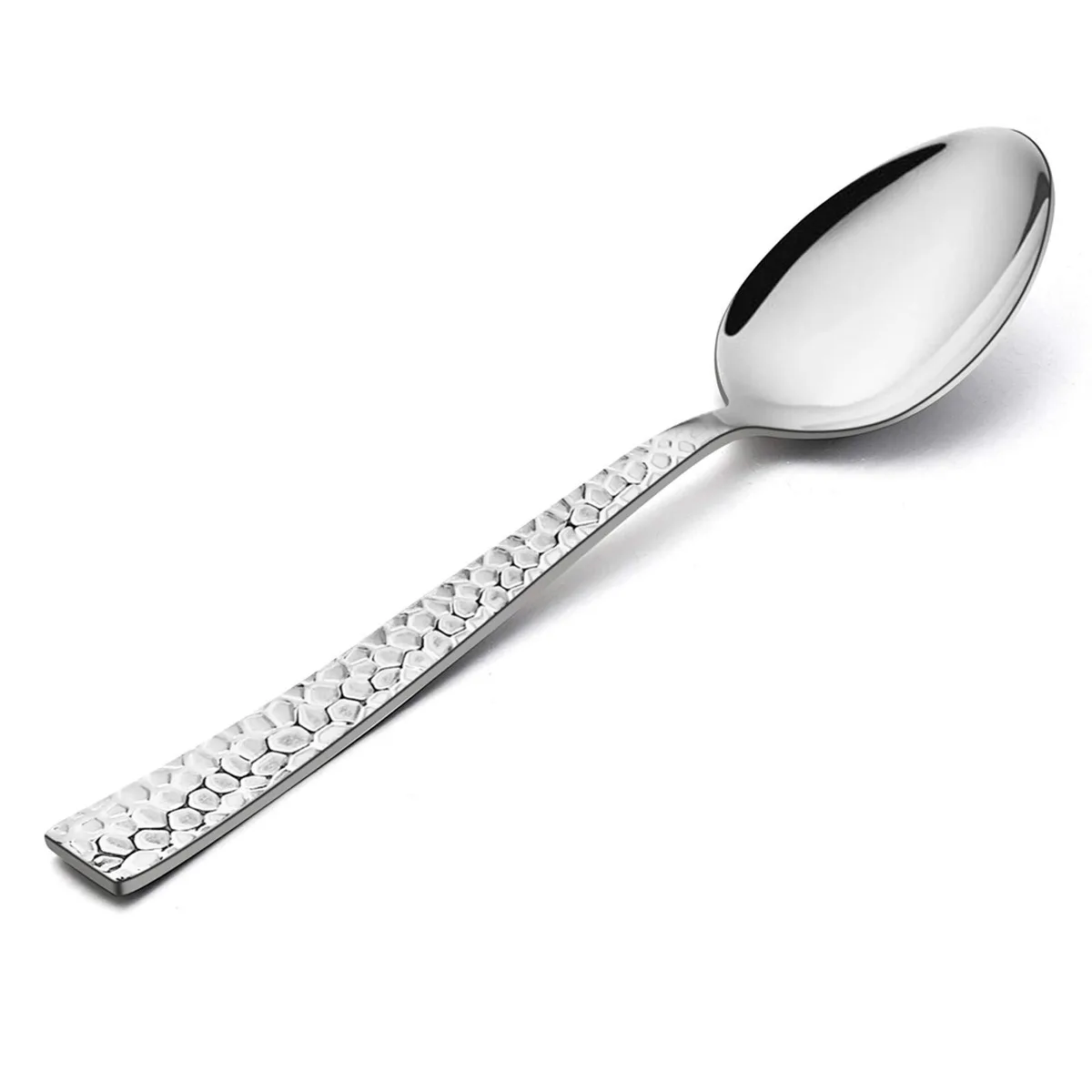 Twelve silver teaspoons with hammered finish and squared handles lying together
