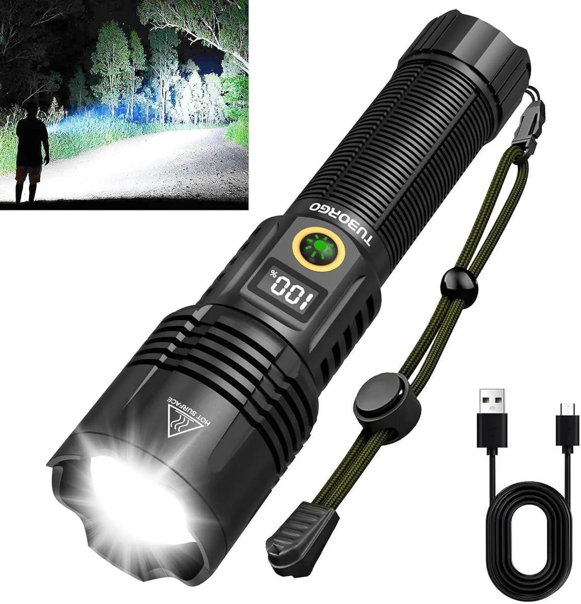 Cylindrical aluminium torch with USB-C port and digital power display