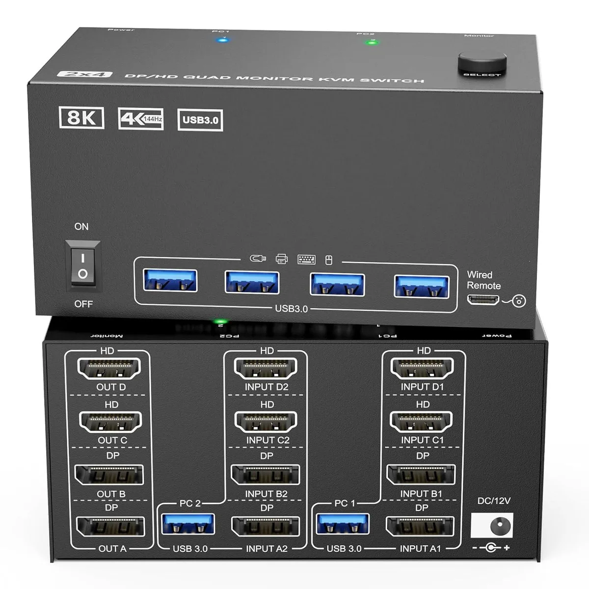 AUTYUE AUTYUE 204DH KVM Switch 2 HDMI 2 DisplayPort 4 Monitors 2 Computers 8K@60Hz 4 USB 3.0 Wired Remote — product photo