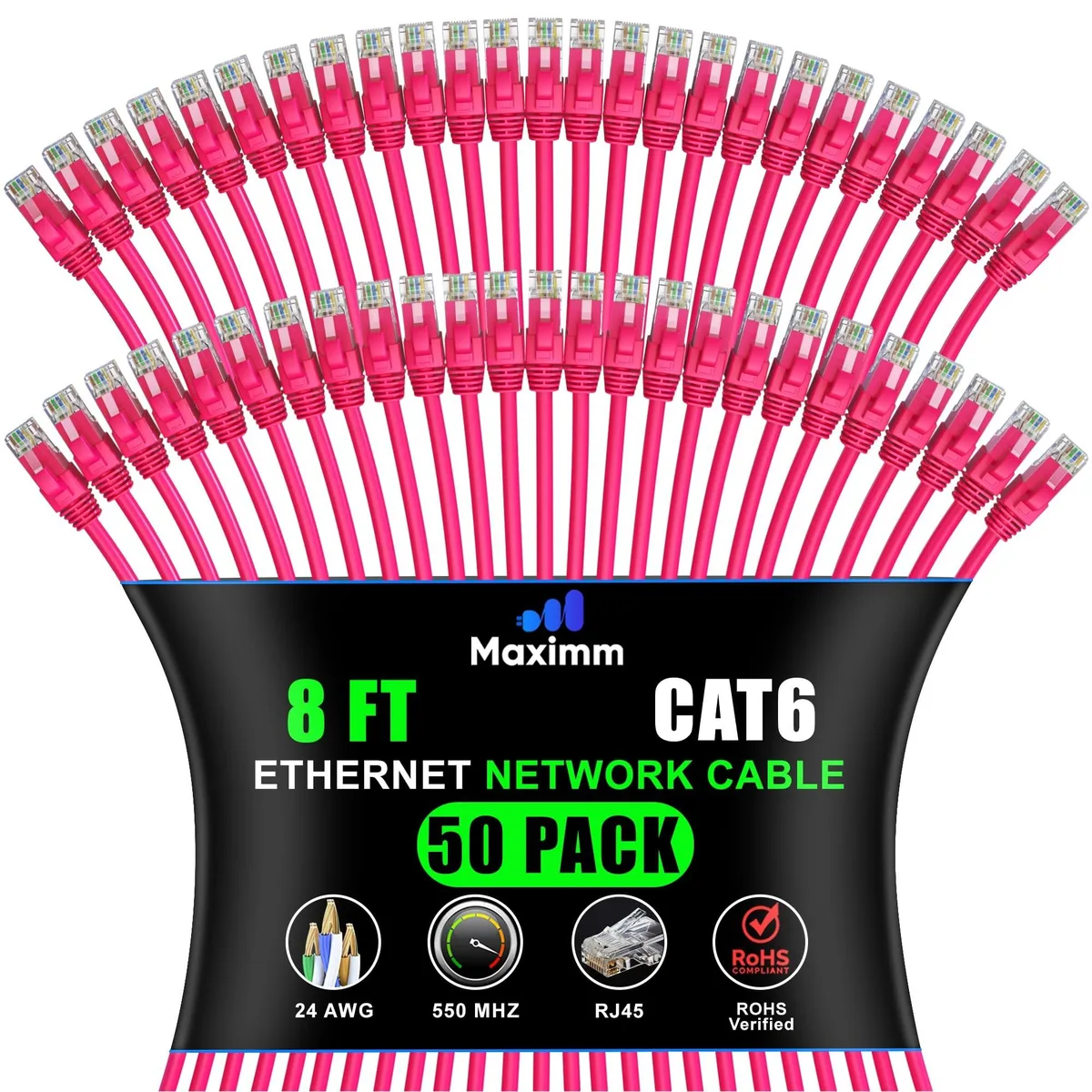 maximm Maximm Cat 6 Ethernet Cable 8 ft 50-Pack Pink 2 in 1 accessory — product photo