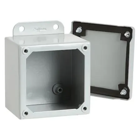Gray steel electrical enclosure with captive screws and welded mounting nuts