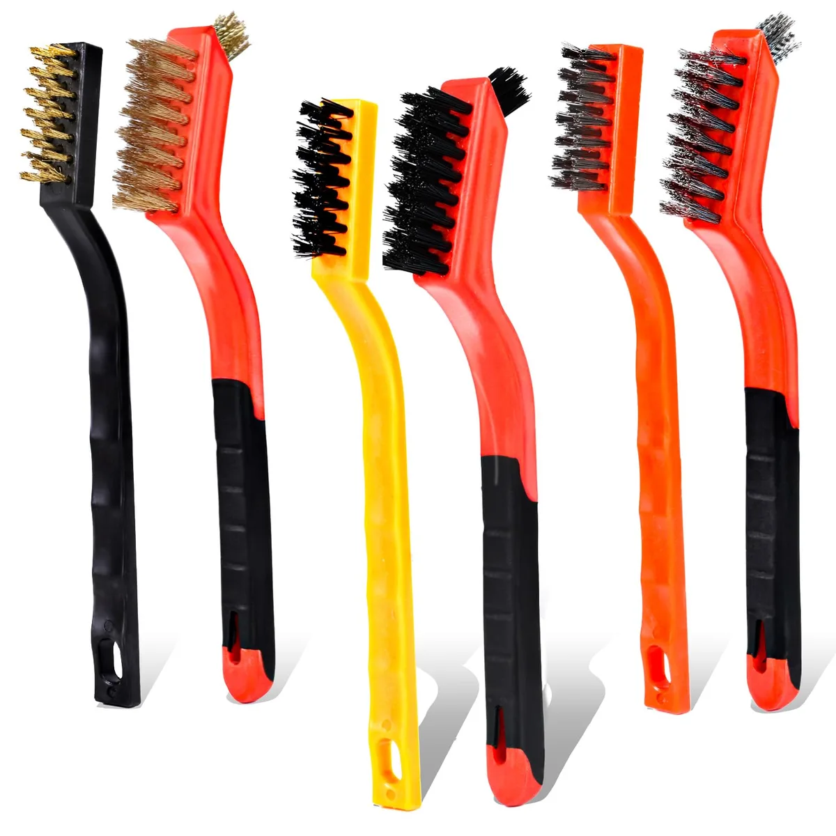 Six wire brushes: three large with rubber grips, three small with plastic handles, stainless steel brass and nylon bristles