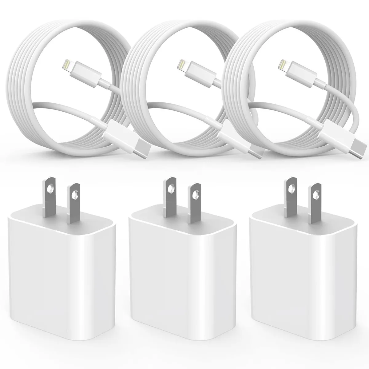 Three white USB-C to Lightning cables coiled together
