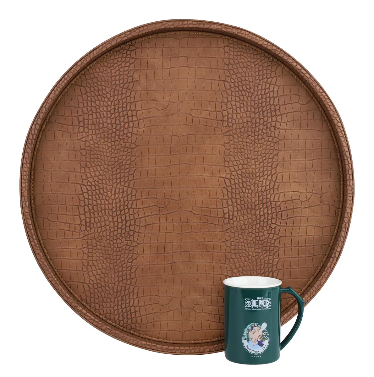 Round brown faux leather serving tray 20 inches diameter 1.6 inches high