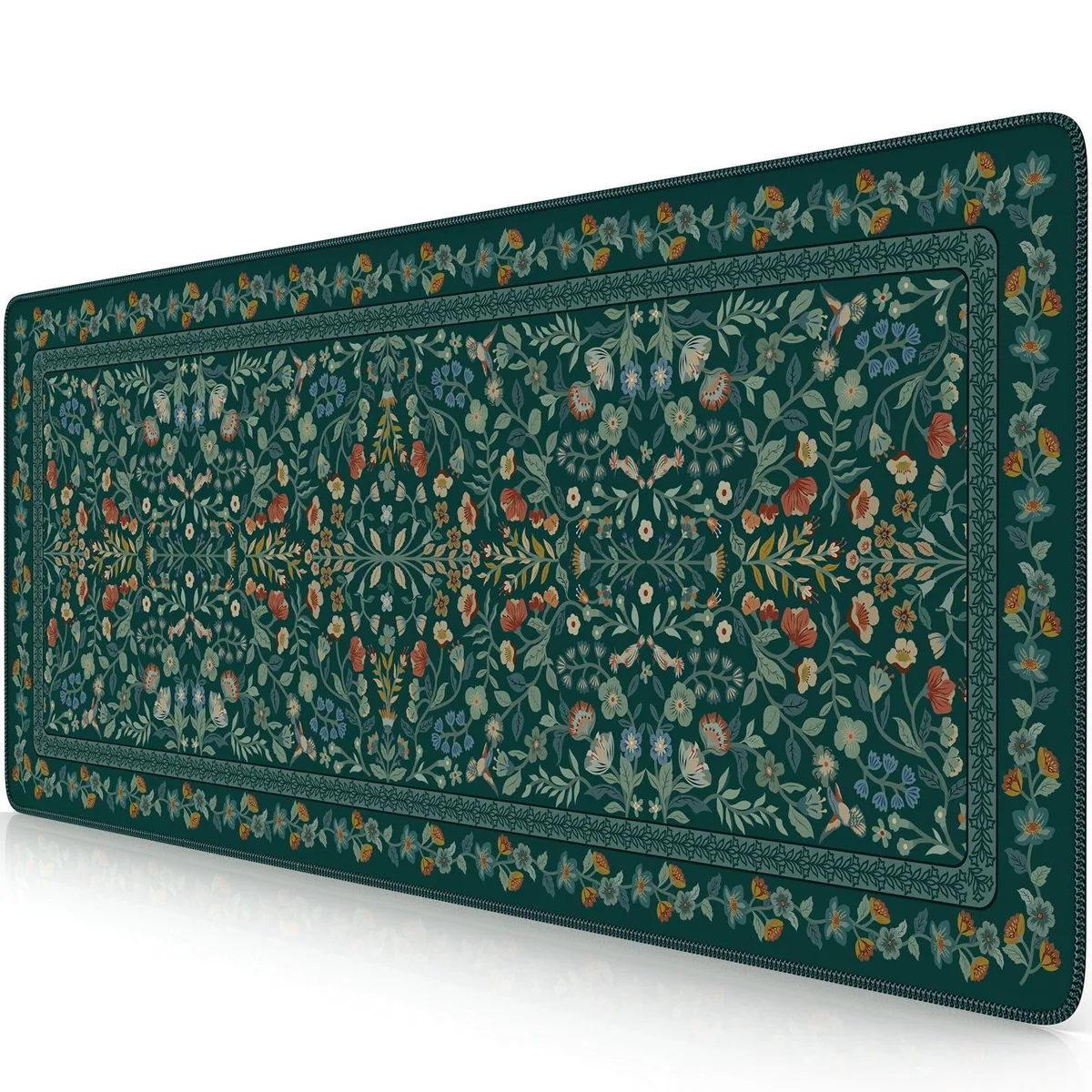 Large rectangular deep green desk mat with floral print, lycra surface, stitched edges, rubber base