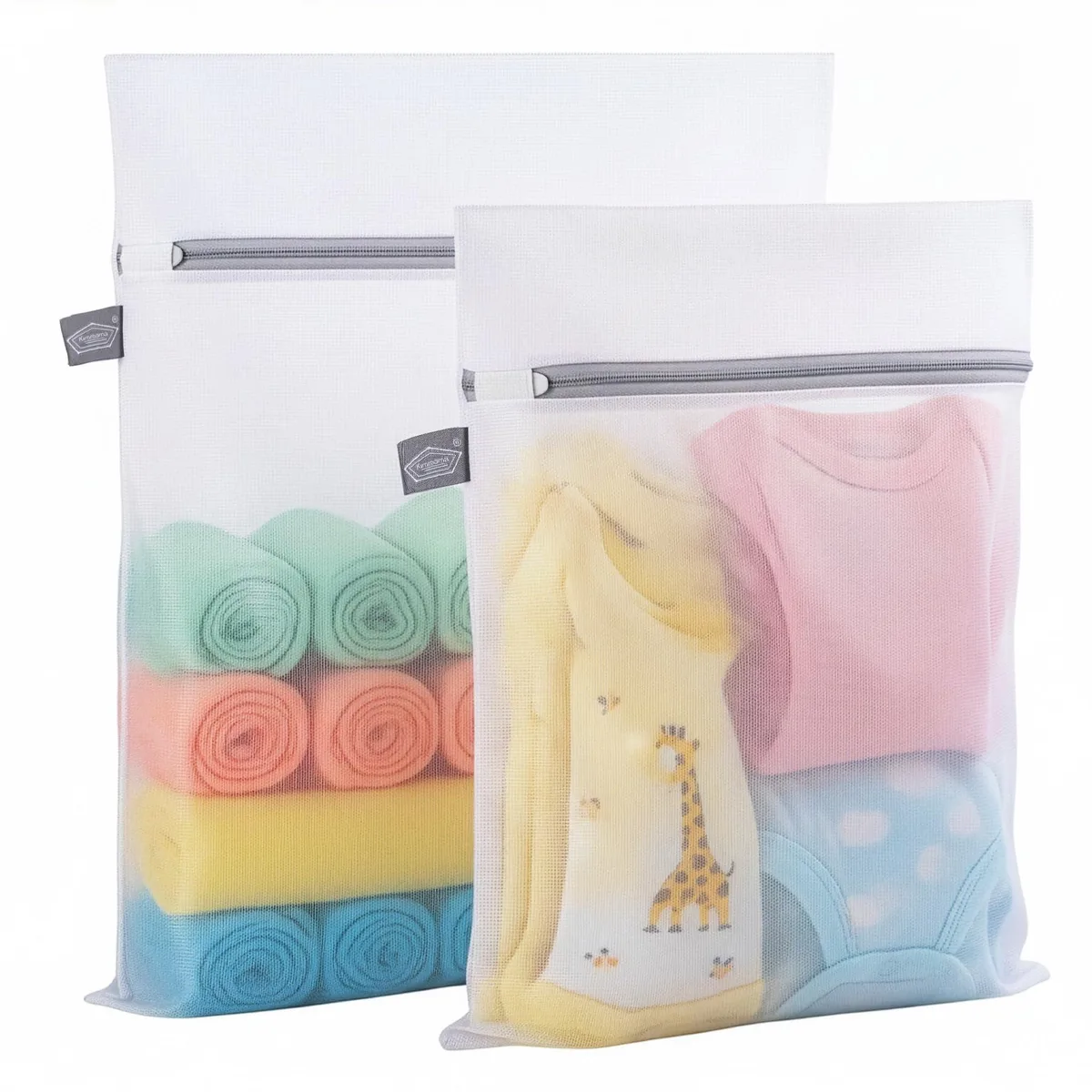 Two beige mesh laundry bags, one large and one medium, with zipper closures and protective covers