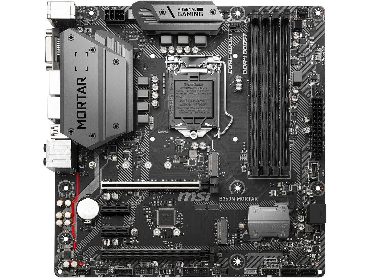 MSI B360M Mortar micro ATX motherboard, black PCB with grey heatsinks and reinforced slots