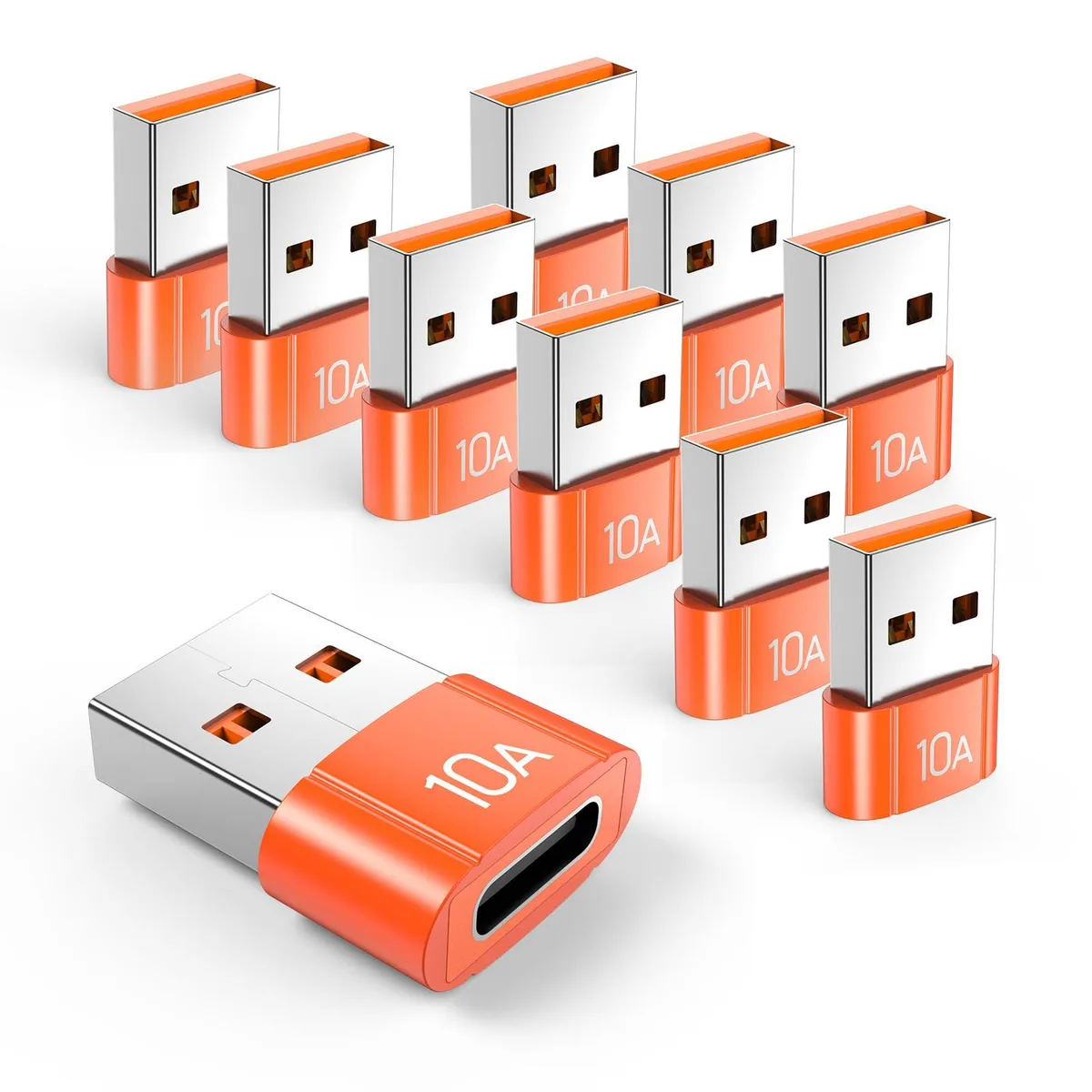 Ten orange USB-C to USB-A adapters in a row