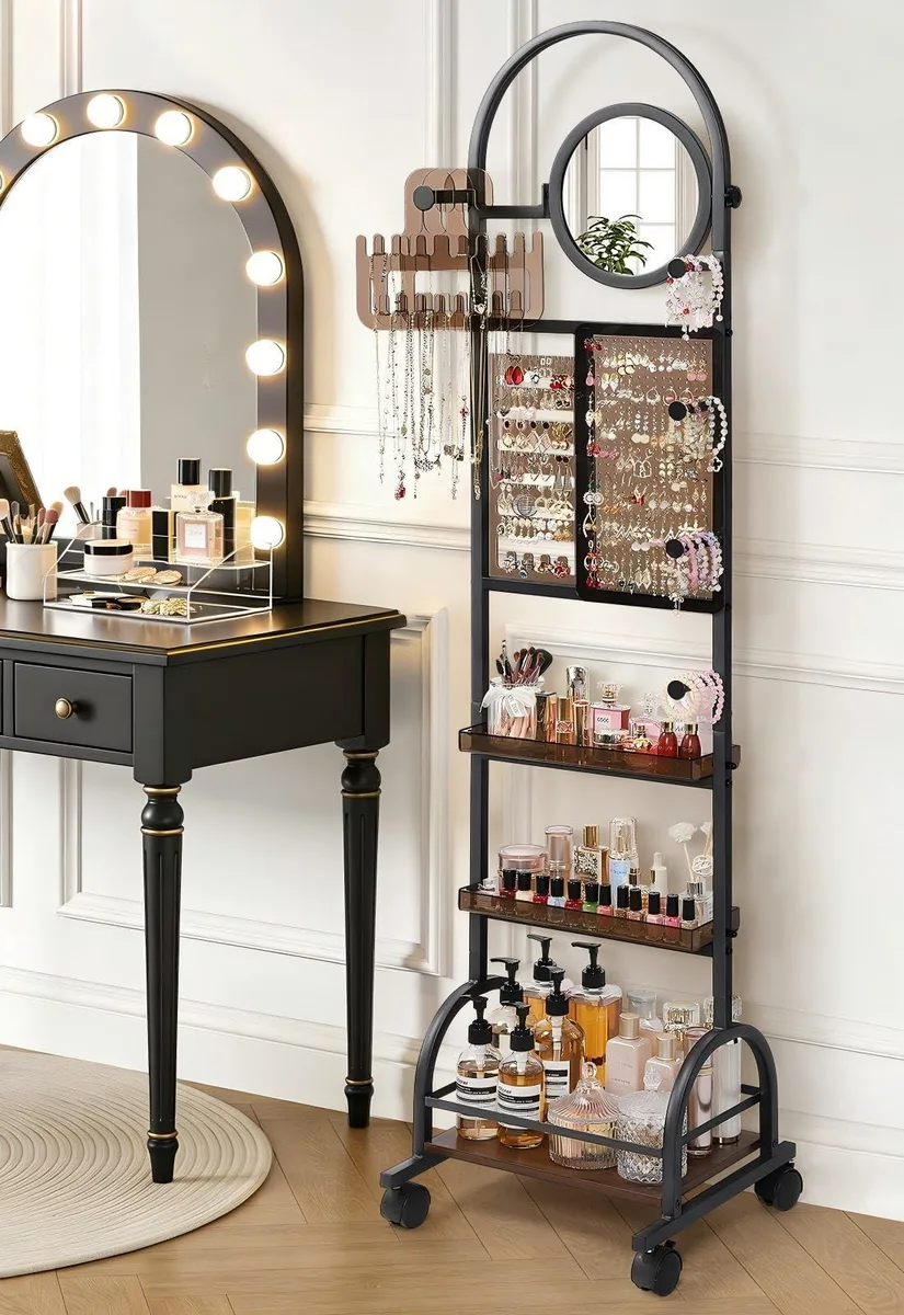 Tall silver standing jewelry cabinet with round mirror, 60.6 inches high