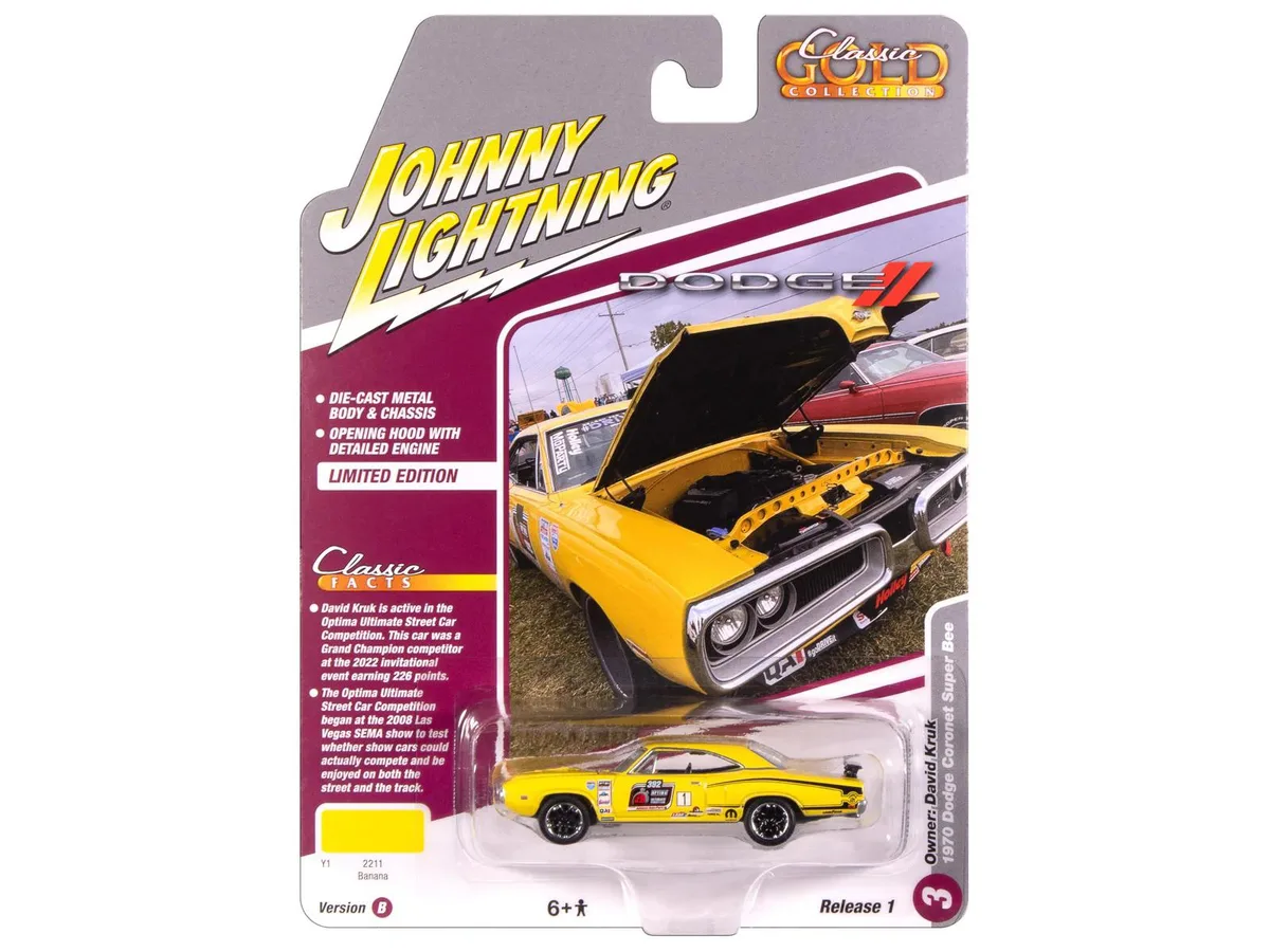 JOHNNY LIGHTNING JOHNNY LIGHTNING 1970 Dodge Coronet Super Bee #1 "David Kruk" Banana Yellow 1/64 Diecast hobby collectible — product photo