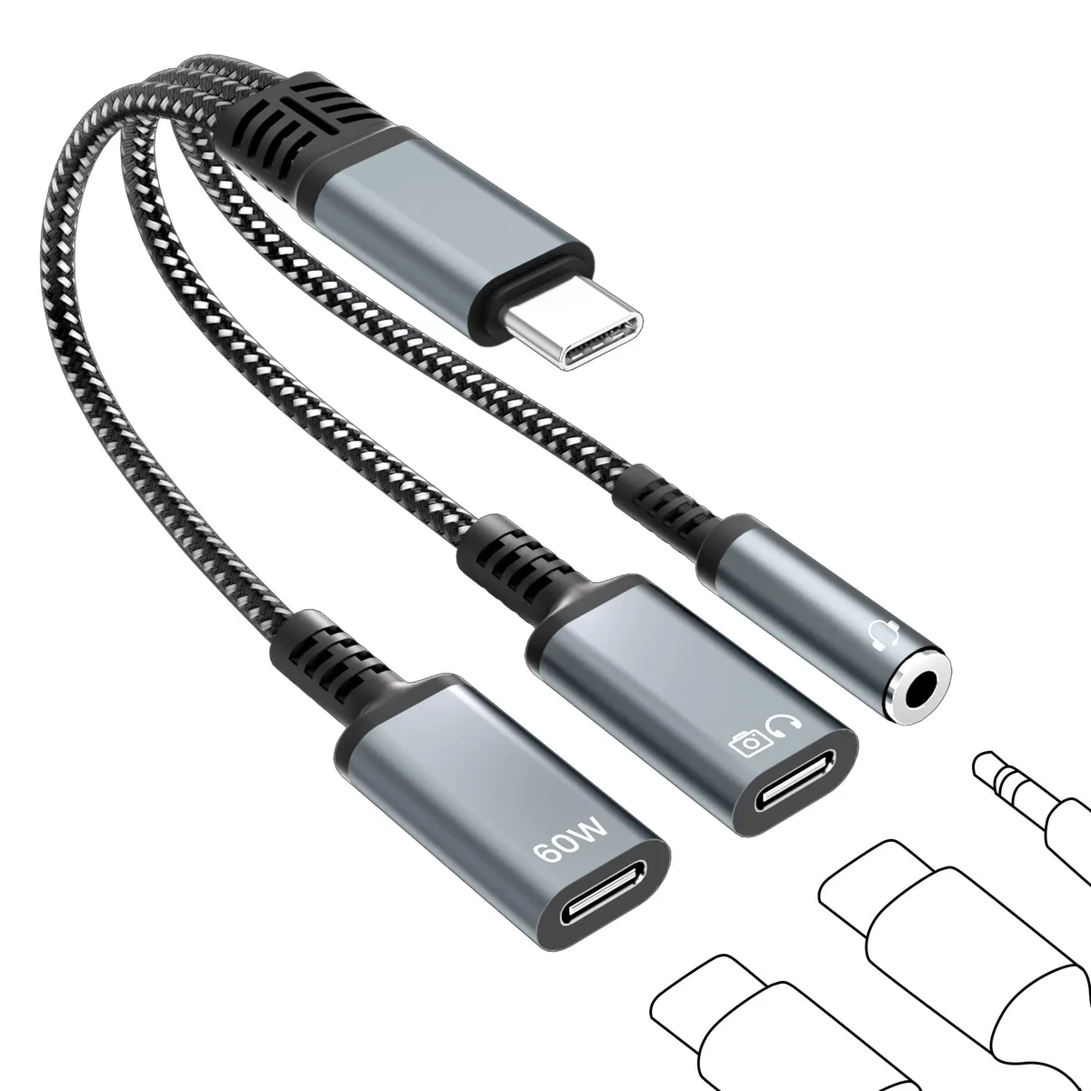 KETAKY Plus LJ100W USB-C 1-in-3 audio adapter 60W PD 32-bit 384kHz — product photo