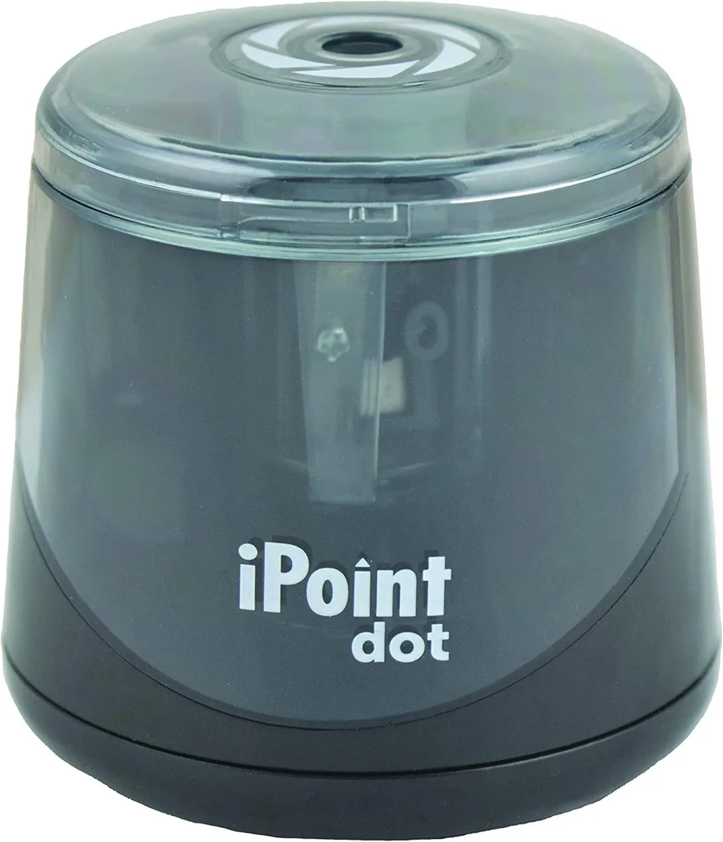 Compact black battery pencil sharpener with stainless steel finish