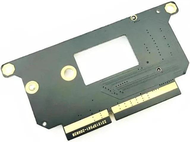 Small green circuit board with gold edge connector and silver mounting bracket