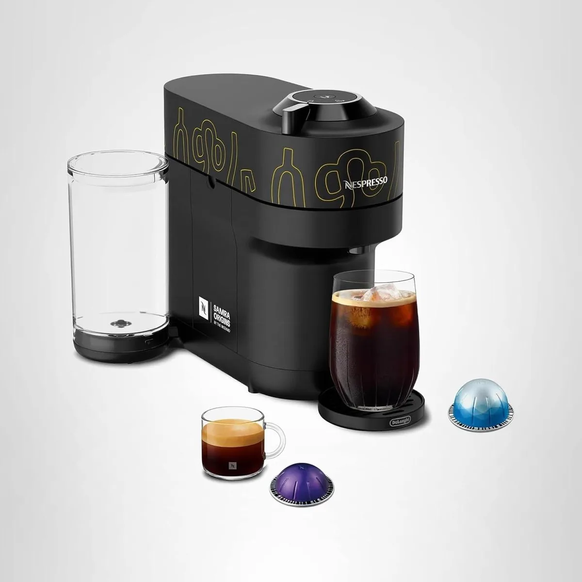 Compact yellow espresso machine with side water tank