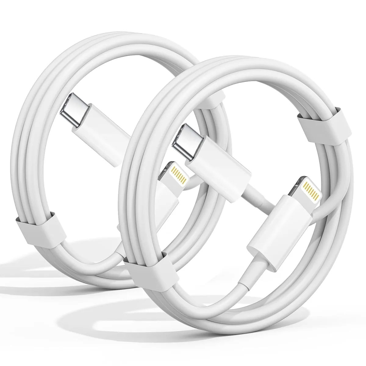 Two white USB-C to Lightning cables coiled together, each three feet long