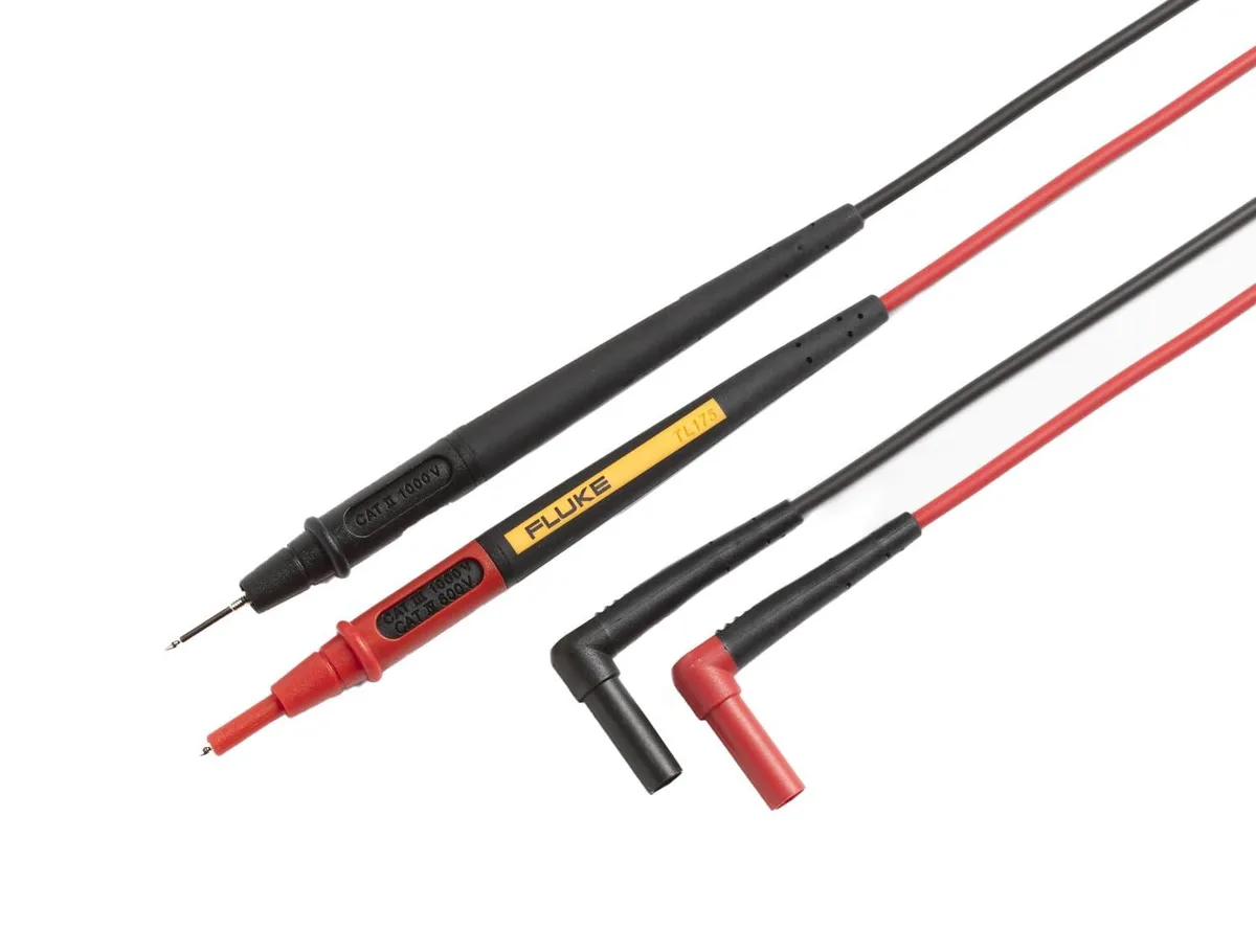 Red test lead probes with adjustable tip shrouds, coiled silicone cables, banana plugs