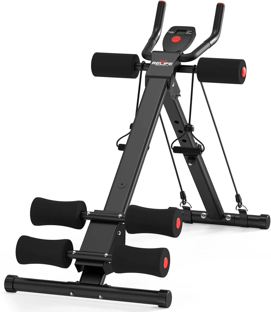 Foldable ab trainer with steel frame, padded rollers, LCD monitor and adjustable incline